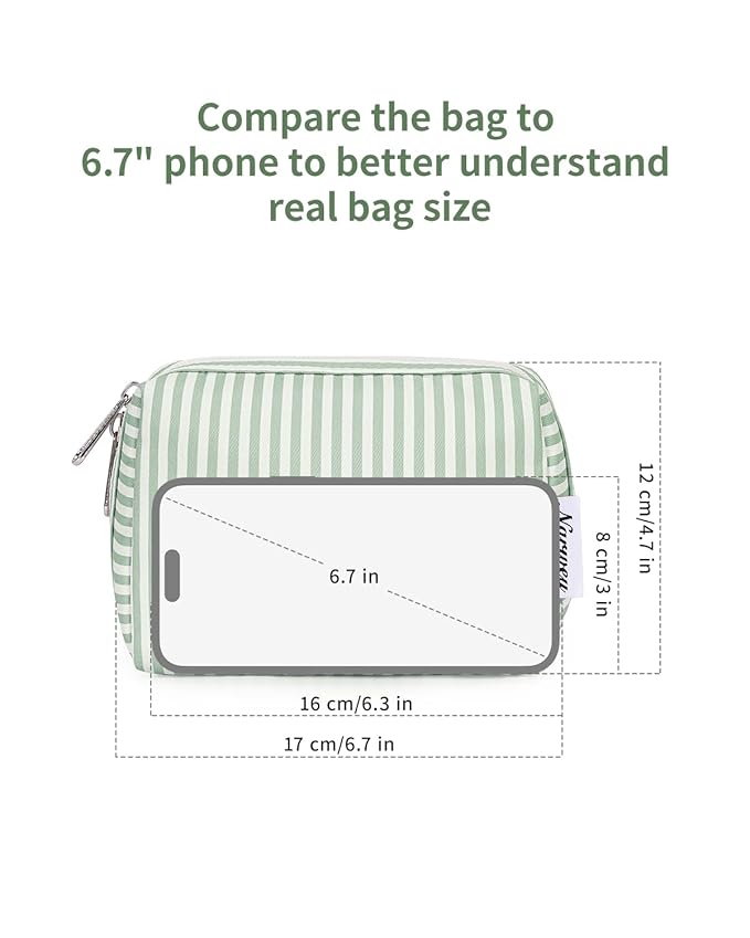 Narwey Small Striped Makeup Bag for Purse Mini Cosmetic Bag Travel Makeup Pouch Zipper Pouch Cute Make up Bags with Compartments for Women Girls (Mint Green Stripe, Small)