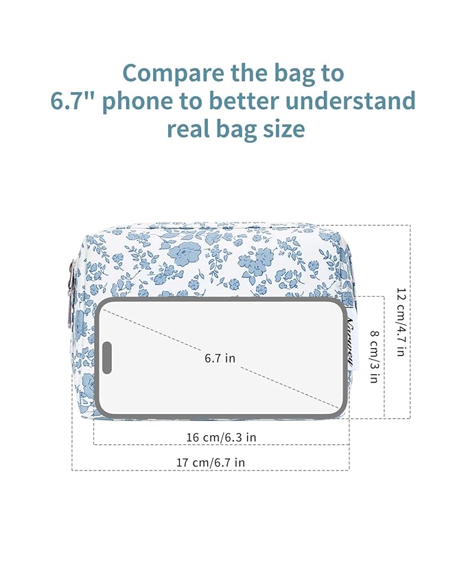 Narwey Small Cute Floral Makeup Bag for Purse Mini Cosmetic Bag Travel Makeup Pouch Zipper Pouch Cute Make up Bags with Compartments for Women Girls (Little Blue Flower, Small)