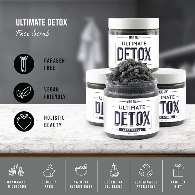 Mojo Spa Ultimate Detox Face Scrub | Amber, Vanilla, Musk Scent | Moisturizing & Detoxifying Sugar Exfoliator | 4 oz