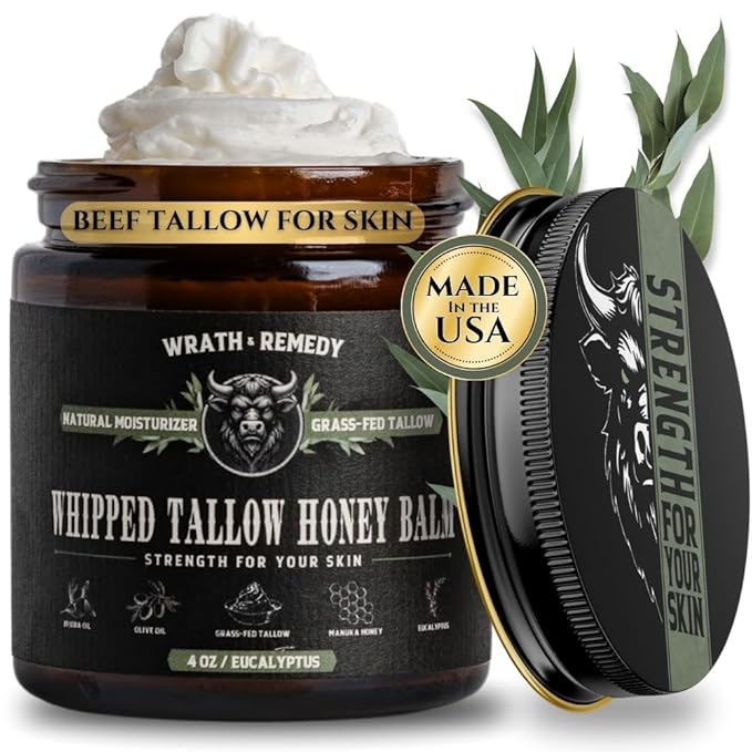 Wrath & Remedy Handmade Whipped Organic Beef Tallow for Skin - 4 OZ (Eucalyptus) — Grass Fed Beef Tallow Moisturizer and Honey Balm for Silky, Sensitive-Skin, Eczema, Rosacea - Free of Harsh Chemicals