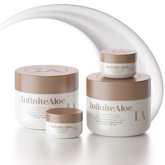 InfiniteAloe Complete Skin Care, Aloe Vera Powered Face and Body Cream for Dry Skin Relief, Fragrance Free - 2 Large Jar 8 oz & 2 Travel Jar 0.5 oz
