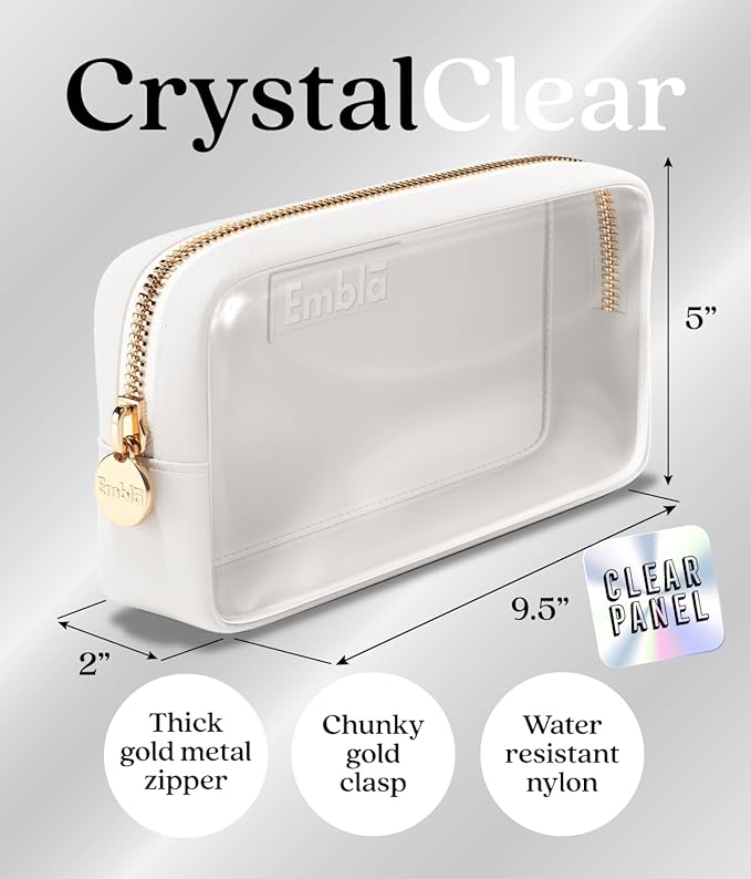 Embla Clear Cosmetic Bag Makeup Case, Clear Zipper Make Up Pouch and Toiletry Travel Tote, Cute Skincare Pouches for Women Girls, Preppy Purse Cosmetic Organizer, Small Makeup Bags, White