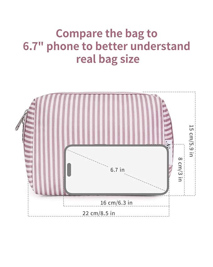 Narwey Striped Makeup Bag Travel Cosmetic Bag Organizer Toiletry Bag Make Up Bags with Compartments for Women Girls (Large, Dusty Rose Stripe)
