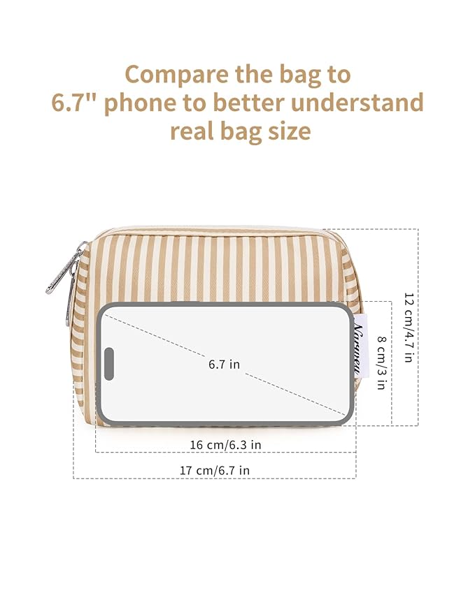 Narwey Small Striped Makeup Bag for Purse Mini Cosmetic Bag Travel Makeup Pouch Zipper Pouch Cute Make up Bags with Compartments for Women Girls (Brown Stripe, Small)