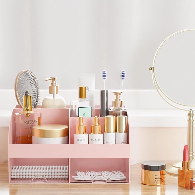 Makeup Organizer with Drawers, Cosmetic Storage for Dresser Vanity and Bathroom Countertop, Beauty Holder for Lipstick Brush, Skincare Organizer for Vanity, Cosmetic Display Case (Pink)