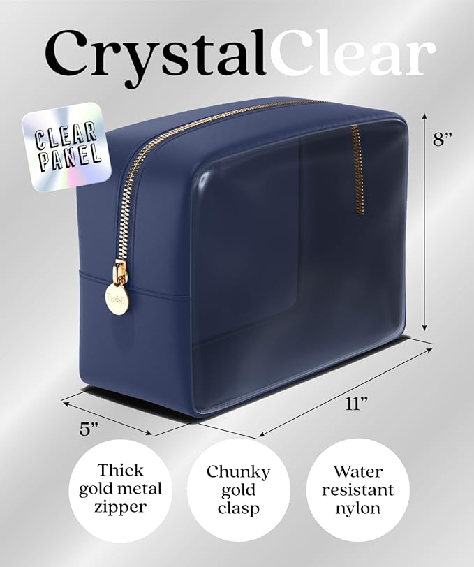 Embla Clear Cosmetic Bag Makeup Case, Clear Zipper Make Up Pouch and Toiletry Travel Tote, Cute Skincare Pouches for Women Girls, Preppy Purse Cosmetic Organizer, Large Makeup Bags, Sapphire