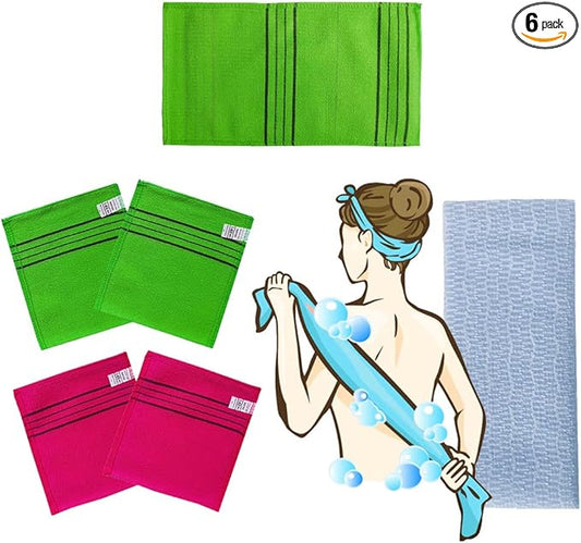 Exfoliating Bath Washcloth Mitt for Remove Dead Skin.Loofah Sponge, Korean & Japanse & African Net Sponge Rag. Back Scrubber Washer for Use in Shower Bath(Variety Pack 6)