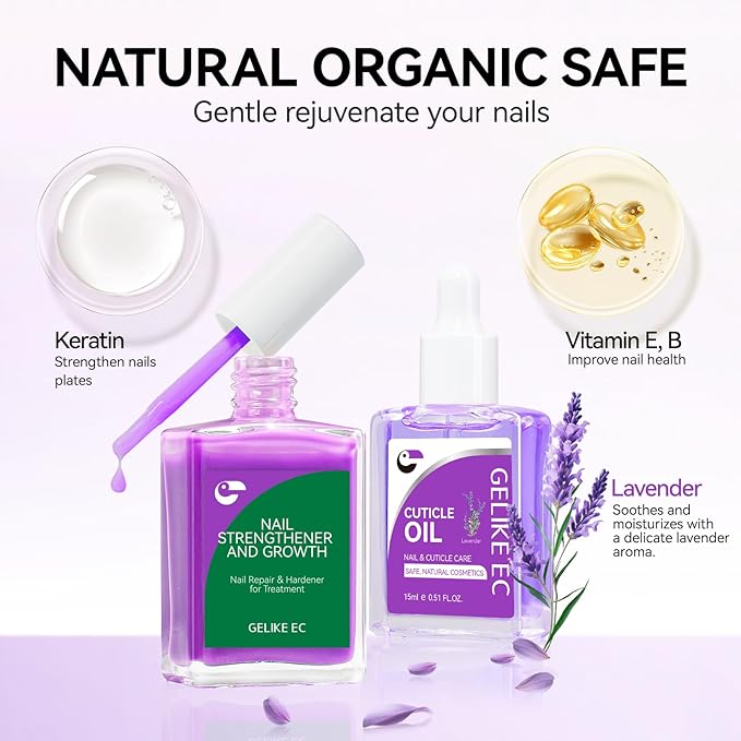 Gelike EC Nail Kit for Beginners: Purple Easy-Use Nail Polish Growth Treatment & Lavender Oil for Thin Weak Nails - for Stress Relief - Repair Split Nails - Spa & Night Care Routine