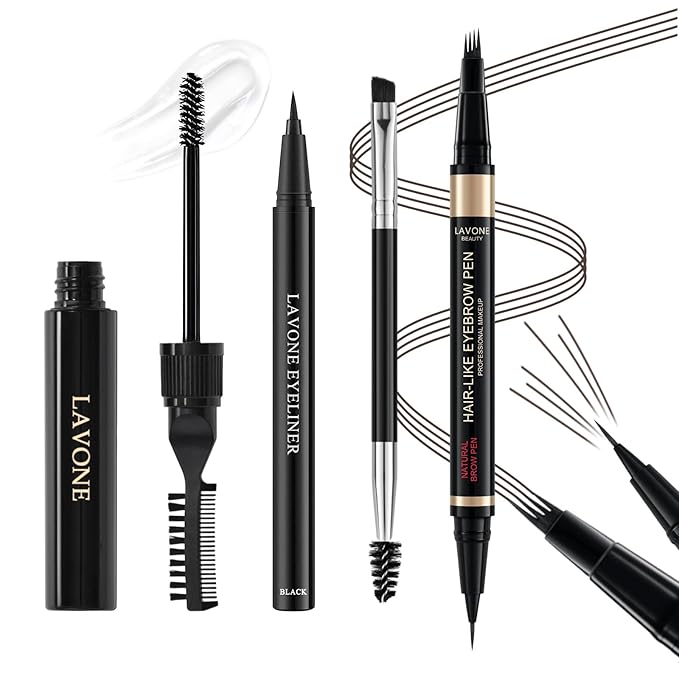 Microblading Eyebrow Pen Kit - Waterproof Brow Makeup Set with Eyebrow Pencil, Eyebrow Gel Clear, Eyeliner, Dual-ended Eyebrow Brush, Natural Looking Brows with Long-Lasting All-Day Hold - Dark Coffee