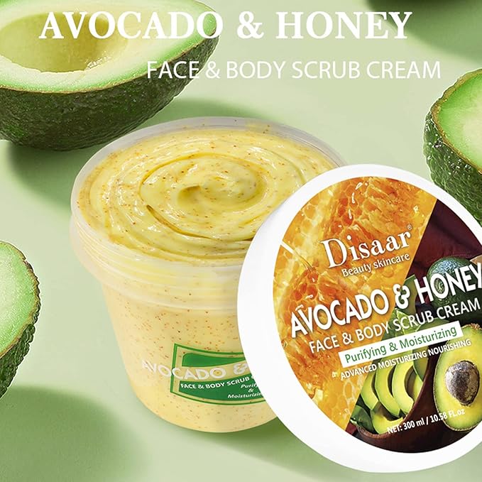 Avocado Honey Face Body Neck Scrub Cream Purifying Moisturizing Nourishing Skin 300ml/10.58fl.oz