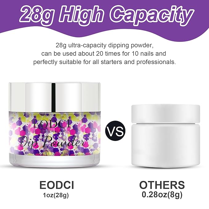 Dip Powder For Nails - Purple Pink Lime Green Hexagon Sequins - No Lamp Curing - Long Lasting Colors - Nail Art Starter Manicure DIY At Home - 1oz
