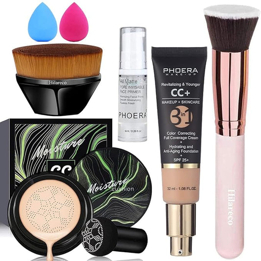 Air Cushion CC Cream Natural Foundation,PHOERA CC+ Cream Color Correcting Anti Aging Hydrating Serum &SPF 25+,PHOERA Face Primer, Kabuki Brush Foundation Brush Makeup Sponge(#02Natural CC +120 Nude)