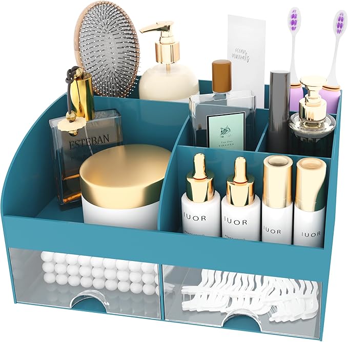 Makeup Organizer with Drawers, Cosmetic Storage for Dresser Vanity and Bathroom Countertop, Beauty Holder for Lipstick Brush, Skincare Organizer for Vanity, Cosmetic Display Case (Dark Green)