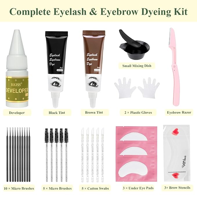 RKISSBEAUTY (Black and Brown) Eyelash & Eyebrow Color Kit - Long Lasting 8 Weeks/Home or Salon Use/Up to 8 Applications/with Brush/Safe & Easy to Use