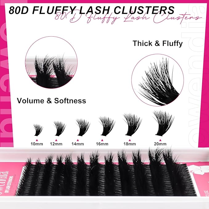 Lash Clusters 80D Fluffy Individual Lashes D Curl Cluster Eyelash Extensions 10-18mm Wispy DIY Lash Extension Thick Volume False Eyelashes Clusters for Beginners