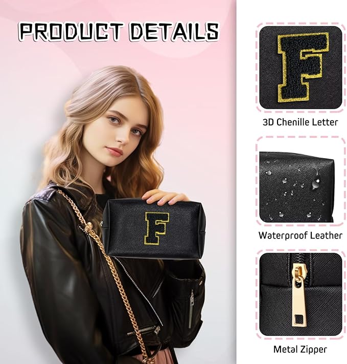 TOPEAST Initial Cosmetic Bag for Women, Preppy Small Makeup Bag, PU Leather Waterproof Toiletry Bag, Monogrammed Birthday Gifts for Women, Stuff for Girls (Black S)