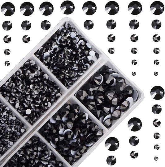 10000Pcs 2-Boxes Mixed Size Hot Fix Round Crystals Gems Glass Stones Hotfix Flat Back Rhinestones with Tweezers and Picking Pencil (Jet Black)