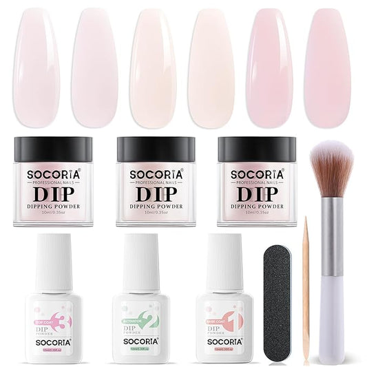 Dip Powder Nail Kit Starter, 9 Pcs Transparent Nude Pink Nude Skin Colors Dipping Powder Liquid Set with Base Top Coat and Activator for Nail Art Manicure Salon DIY at Home
