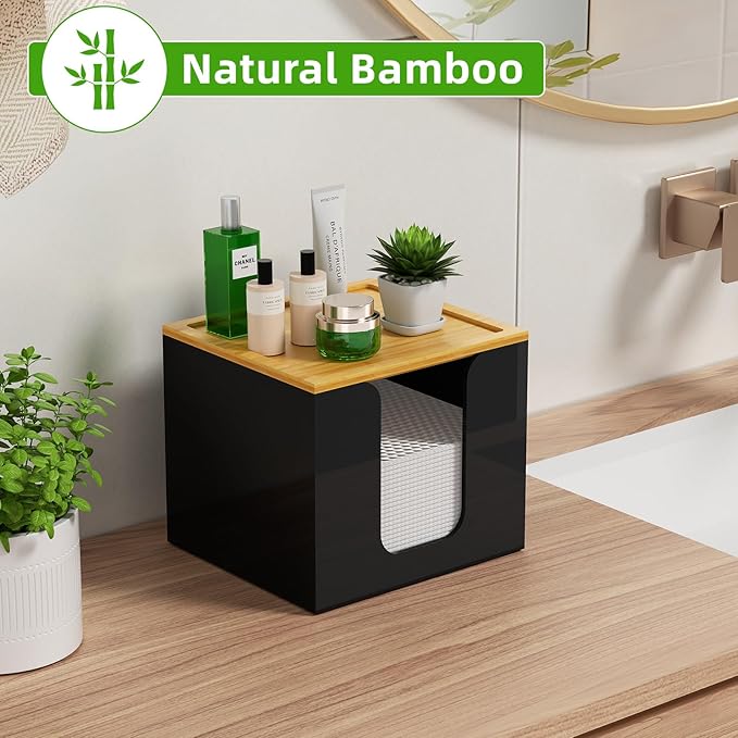VITVITI Disposable Face Towel Holder Box, Acrylic Facial Towel Container for XL Clean Skin Club, Large Disposable Face Towel Storage with Bamboo Lid, for Bathroom, Vanity Makeup, Black