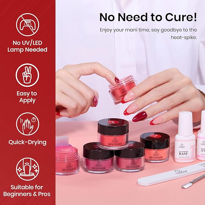Beetles Dip Powder Nail Kit 6 Colors Red Glitter Dipping Powder No Need Nail Lamp Cured Manicure DIY Salon Gift for Girls Women