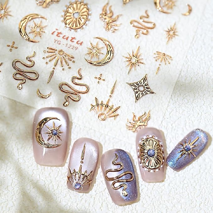 1 Sheets 5D Gold Star Nail Stickers for Nail Art Self Adhesive Embossed Moon Snake Nail Art Stickers Gold Star Moon Snake Design Nail Decals for Women Girl DIY Nail Decoration