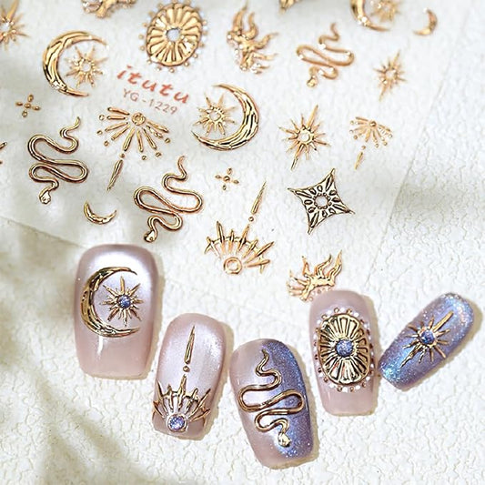 1 Sheets 5D Gold Star Nail Stickers for Nail Art Self Adhesive Embossed Moon Snake Nail Art Stickers Gold Star Moon Snake Design Nail Decals for Women Girl DIY Nail Decoration