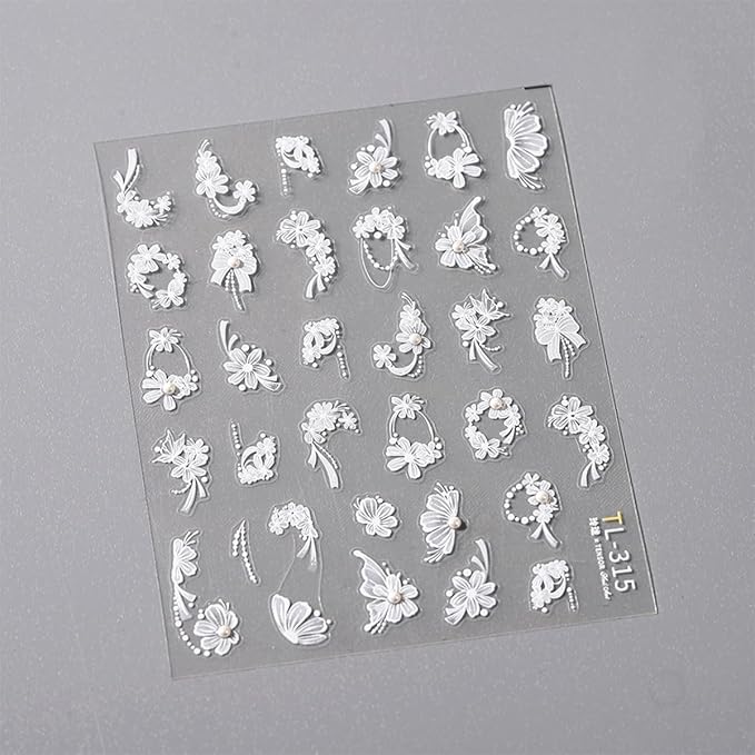 1 Sheets White Flower Nail Art Stickers Self Adhesive Bow Nail Stickers for Nail Art White Bows Floral Nail Decals with Pearl Design for Women Girl DIY Manicure Decor