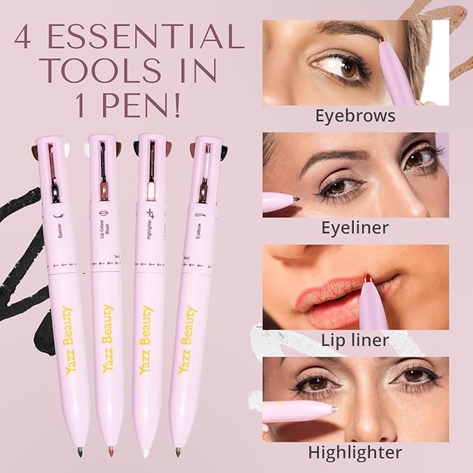 YazzBeauty - 4 in 1 Makeup Touch Up Pen with Nude Lip Liner, Black Eyeliner, Medium Brown Eyebrow Pencil, and Radiant White Matte Highlighter, Compact Beauty Pen, Smudge Proof, Vegan, Cruelty-Free