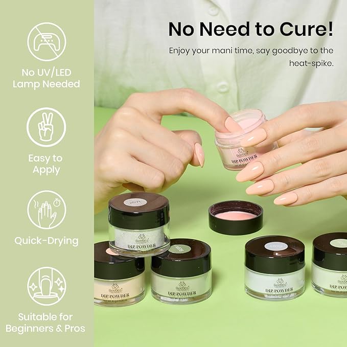 Beetles Dip Powder Nail Set, 6 Colors Green Glitter Nude Gray Long-Lasting Spring Dipping Powder for French Nails Art Manicure DIY Salon Women Gift No Need Nail Lamp Cured