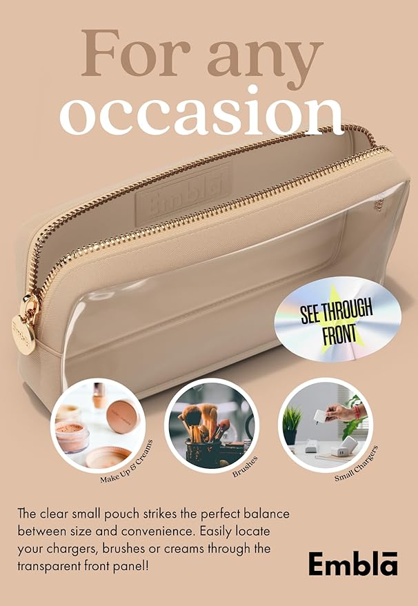 Embla Clear Cosmetic Bag Makeup Case, Clear Zipper Make Up Pouch and Toiletry Travel Tote, Cute Skincare Pouches for Women Girls, Preppy Purse Cosmetic Organizer, Small Makeup Bags, Sand