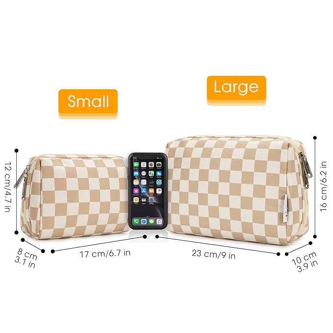 Narwey Small Checkered Makeup Bag for Purse Mini Cosmetic Bag Travel Makeup Pouch Zipper Pouch Cute Make up Bags with Compartments for Women Girls (Light Checkerboard, Small)