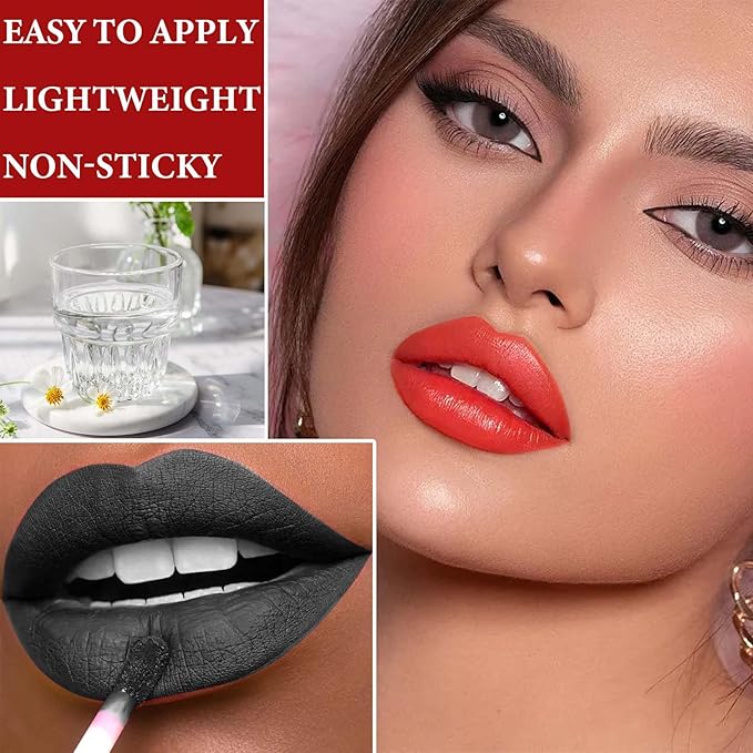 4 Pcs Black White Red Purple Matte Liquid Lipstick Sets,Highly Pigmented Nude Lipstick Lip Stain,Matte Lipstick for Women Lip Gloss Gift Set,Waterproof Long Lasting Smudge Proof Matte Finish