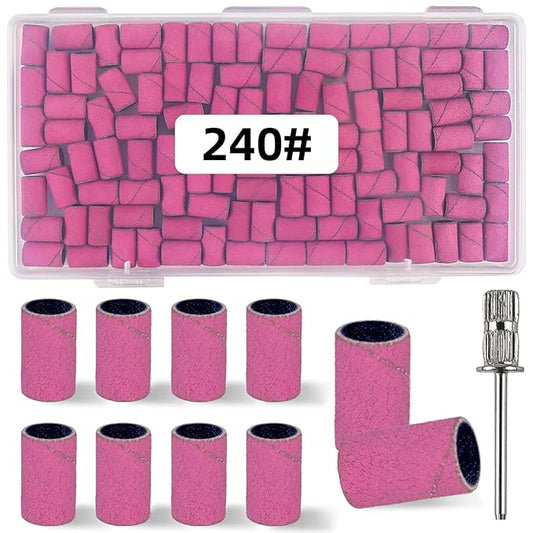 100Pcs(240 Grit Pink) Sanding Bands Nail Drill Bit with 0.31in Diameter,Nail Drill Bits Extreme Fine Grit Sanding Band,Sanding Belt Upgrade Mandrel Bits,Professional Nail Drill Bit for Acrylic Nails