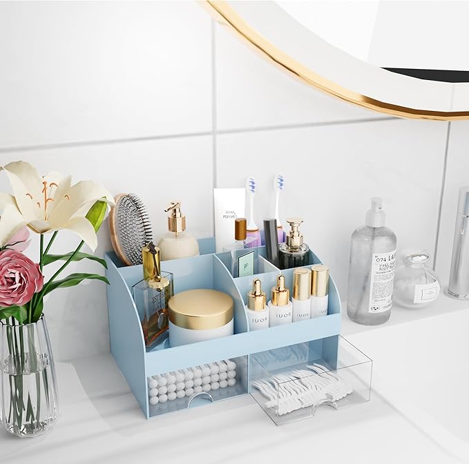 Makeup Organizer with Drawers, Cosmetic Storage for Dresser Vanity and Bathroom Countertop, Beauty Holder for Lipstick Brush, Skincare Organizer for Vanity, Cosmetic Display Case (Blue)