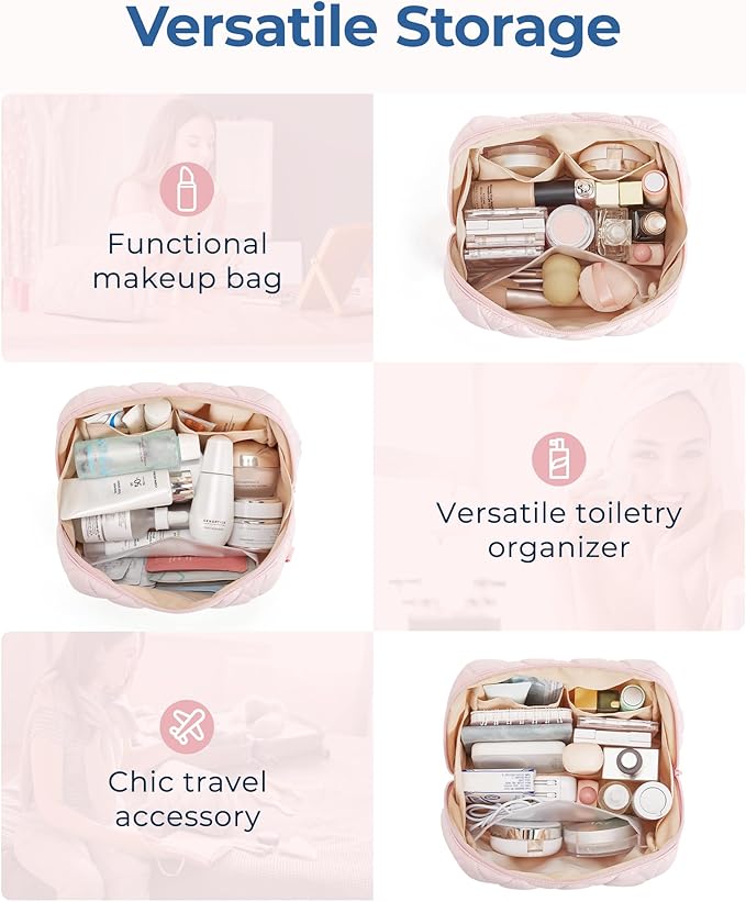 BAGSMART Makeup Bag, Travel Cosmetic Bag, Puffy Padded Make Up Bag for Women, Makeup Organizer Case, Wide-open Pouch Purse, Travel Essentials, Toiletries Accessories Brushes, Dark Pink