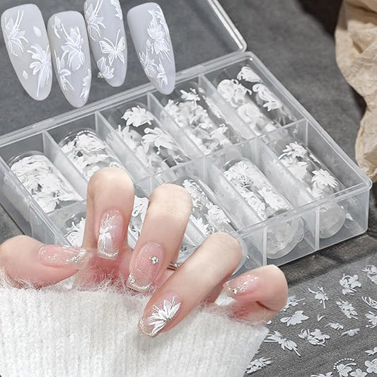 10Roll/Box White Flowers Nail Foil Transfer Stickers for Nail Art Design 3D Holographic Nail Art Foils Starry Paper Floral Butterfly Nail Stickers Lace Petals Rose Nail Decals Wraps Foils for Nail DIY