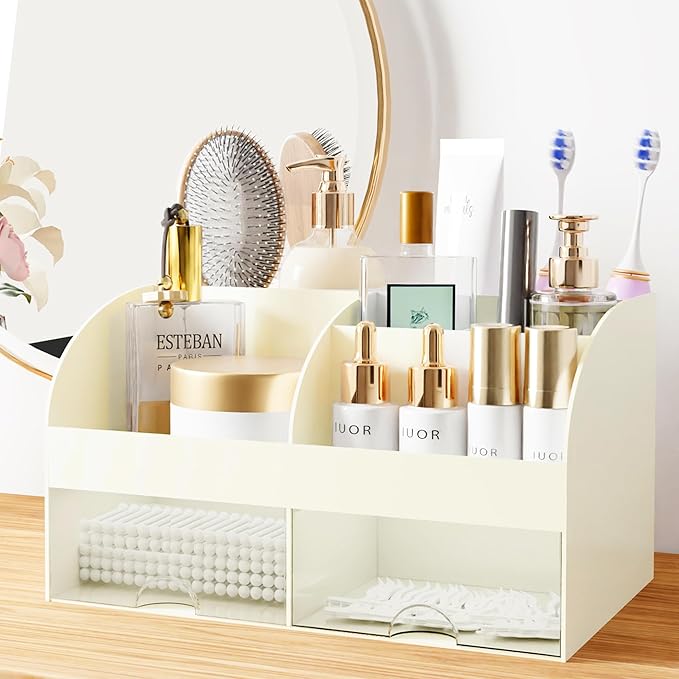 Makeup Organizer with Drawers, Cosmetic Storage for Dresser Vanity and Bathroom Countertop, Beauty Holder for Lipstick Brush, Skincare Organizer for Vanity, Cosmetic Display Case (Ivory)