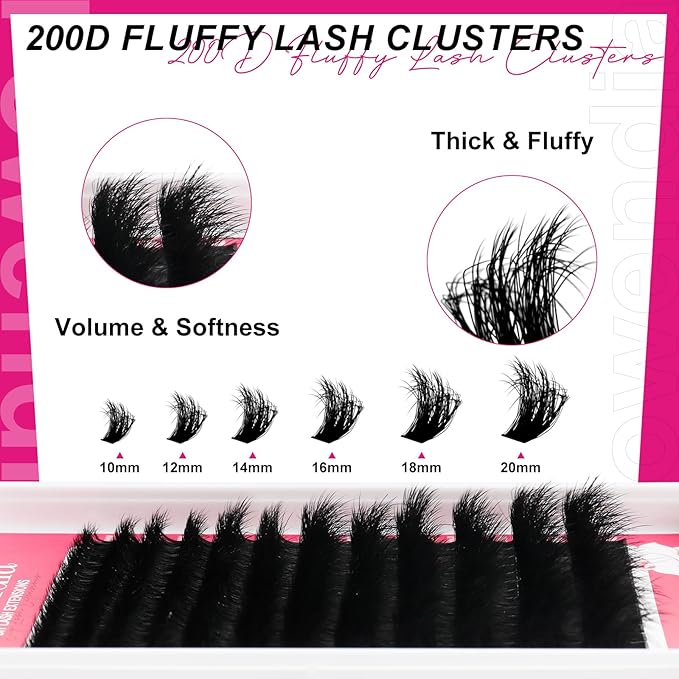 Lash Extension Kit Lash Clusters 200D Lash Bond and Seal Individual Fluffy Eyelashes Kit at Home, Black