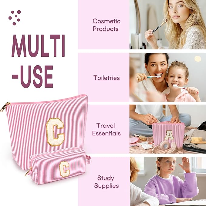 2 PCS Initial Makeup Bags for Women: Cosmetic Bag for Travel Toiletry - Birthday Gifts for 11 12 13 14 15 16 17 18 Years Old Girl Graduation Teacher Gift- Teen Girl Gifts Trendy Stuff - Pink C