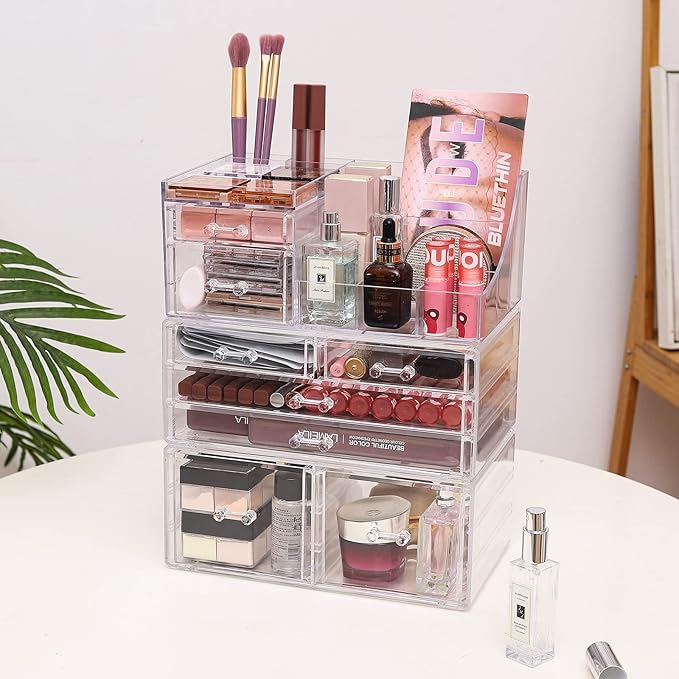 Cq acrylic Makeup Organizer Bathroom Organizers and Storage With 8 Drawers for Vanity Skincare Countertop Desk,Clear Cosmetic Display Case for Lipstick,Brush,Lotions,Eyeshadow,Nail Polish and Jewelry