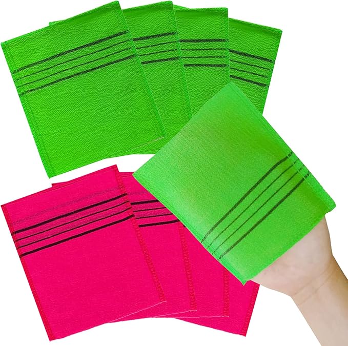 Korean Asian Exfoliating Bath Washcloth Mitt for Remove Dead Skin.Exfoliating Body Scrubber.Exfoliating Gloves for Body Scrub (Green4 Red4)