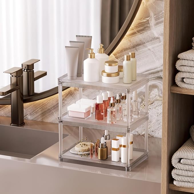 3-Tier Makeup Cosmetic Organizer Shelf Multifunctional Vanity Storage Rack for Cosmetics, Skincare, Beauty Products, Spice Organizer Shelf for Bathroom, Bedroom, Kitchen, Frosted Clear