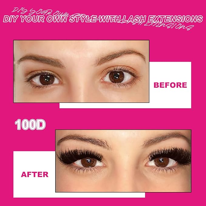 Lash Clusters Kit Fluffy 100D Individual Lashes D Curl Cluster Eyelash Extensions 10-18mm DIY Lash Extension Kit Lash Bond and Seal Waterproof, Lash Applicator, Thick False Eyelashes Kit