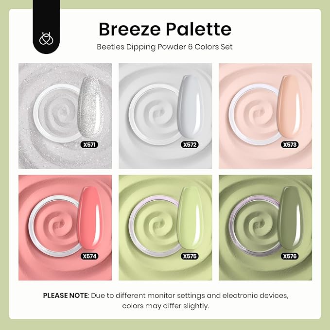 Beetles Dip Powder Nail Set, 6 Colors Green Glitter Nude Gray Long-Lasting Spring Dipping Powder for French Nails Art Manicure DIY Salon Women Gift No Need Nail Lamp Cured