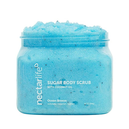 Nectar Life Exfoliating Sugar Scrub, Moisturizing Body Scrub with Coconut Oil & Shea Butter, Pre Shave Exfoliator (16 Ounce, Ocean Breeze)