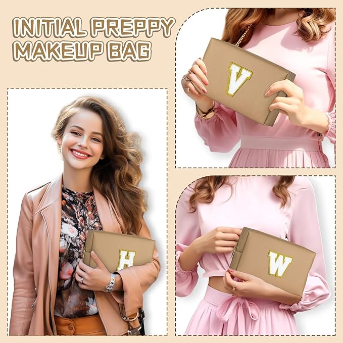 TOPEAST Monogrammed Gift for Women Girls, Personalized Initial Makeup Bags Cosmetic Bag with Zipper, Cute Makeup Pouch, PU Leather Waterproof Toiletry Bag, Preppy Gifts Stuff for Girl (Khaki E)