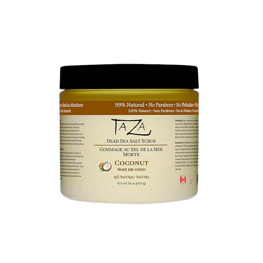 Premium Taza Coconut Dead Sea Salt Scrub, 473 ml 24 oz (670 g) Exfoliates Your Skin Leaving it Soft and Hydrated Contains: Coconut Oil, Shea Butter, Grapeseed Oil, Sweet Almond Oil, 26 Minerals