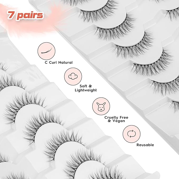 Eyelashes Natural Looking Wispy Lashes 10mm Short Strip Lashes False Eyelashes C Curl Eye Lashes Pack 3D Volume Eyelashes 0.1MM Thin Band Siligli Lashes 7 Pair