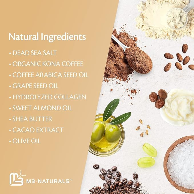 Arabica Coffee Scrub for Hands, Feet, and Body, Exfoliating Scrub with Collagen and Stem Cells, Face Cleanser for Cellulite, Fine Lines, and Stretch Marks by M3 Naturals (1 Pack)