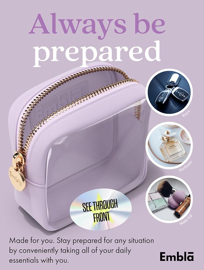 Embla Clear Cosmetic Bag Makeup Case, Clear Zipper Make Up Pouch and Toiletry Travel Tote, Cute Skincare Pouches for Women Girls, Preppy Purse Cosmetic Organizer, Mini Makeup Bags, Lilac